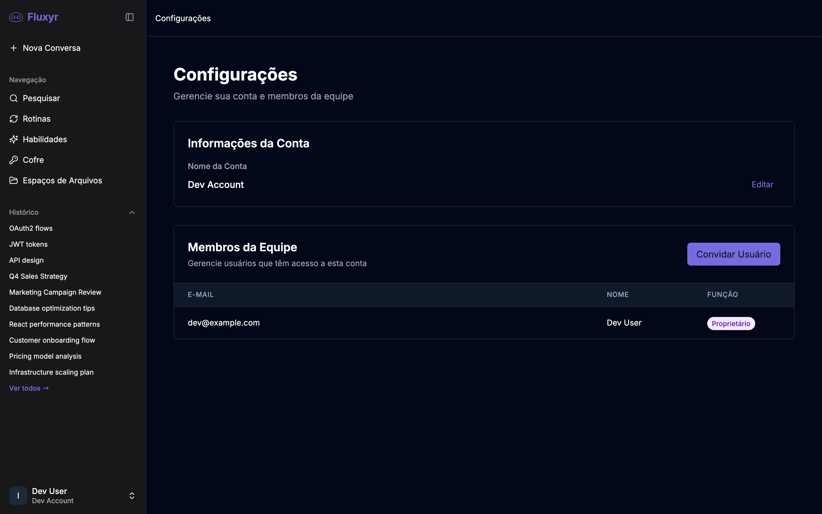 Gestão de equipe e configurações